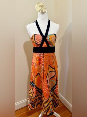 Maeve Strapless Orange & Black Butterfly Wings Patterned Midi Dress
